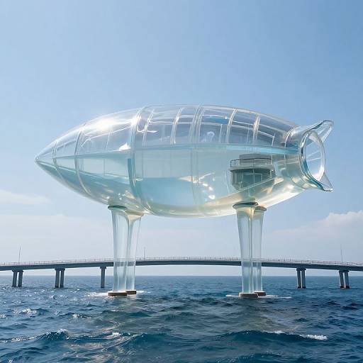 Photorealistic CGI of a transparent, fish-shaped floating structure with clear legs, standing on a pier over a blue ocean.