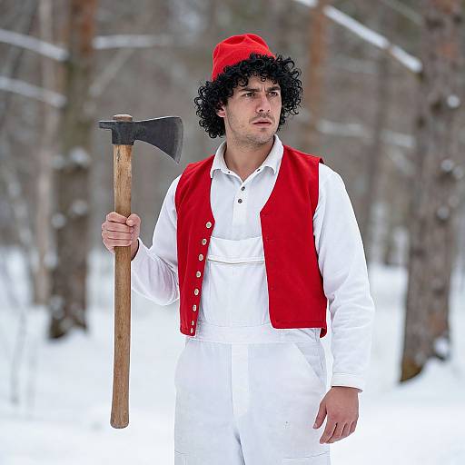 Photograph of a curly-haired man in a red hat, white shirt, and red vest, holding an axe in a snowy forest.