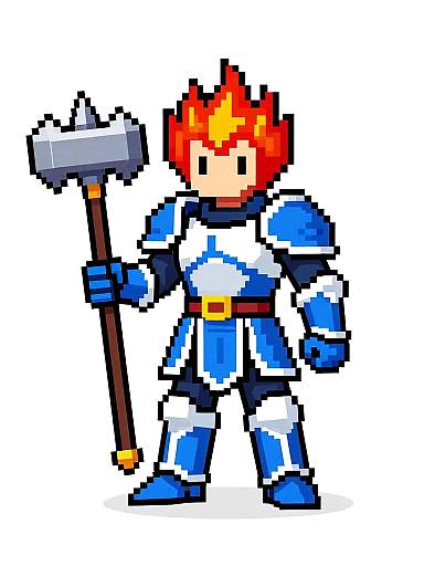 Pixel art of a red-haired, blue-armored warrior holding a large hammer, standing against a gray background. Retro video game style.