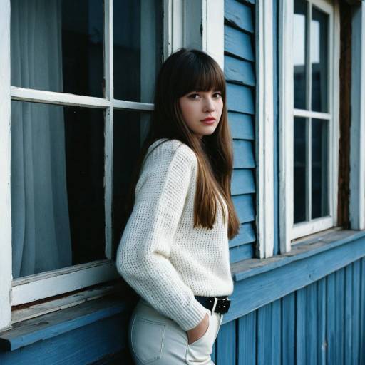 Young Woman in White Sweater by Blue House