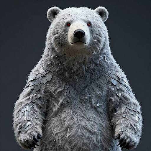 CGI image of a fierce, white-furred bear with glowing red eyes and scale-like armor on its shoulders, set against a dark blue background.