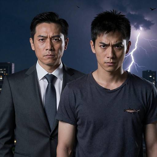 Two Men with Serious Expressions Against Stormy Sky