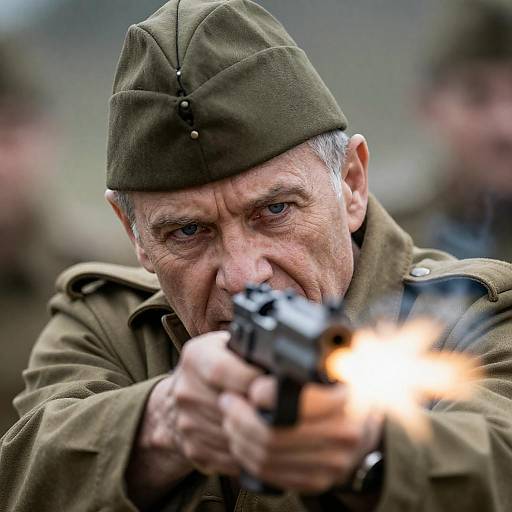 Older Soldier Aiming, Intense Muzzle Flash