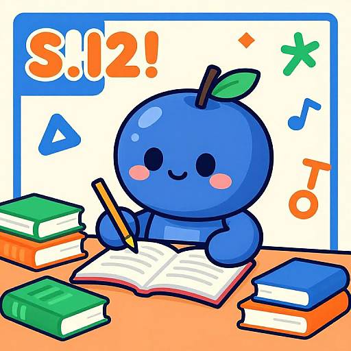 Cute blue cartoon fruit with a leaf, writing with a pencil on an open book, surrounded by colorful books and math symbols. Digital illustration with bright