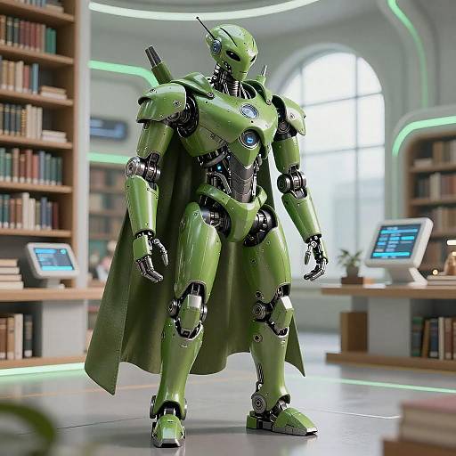 Futuristic Library with Alien Robot