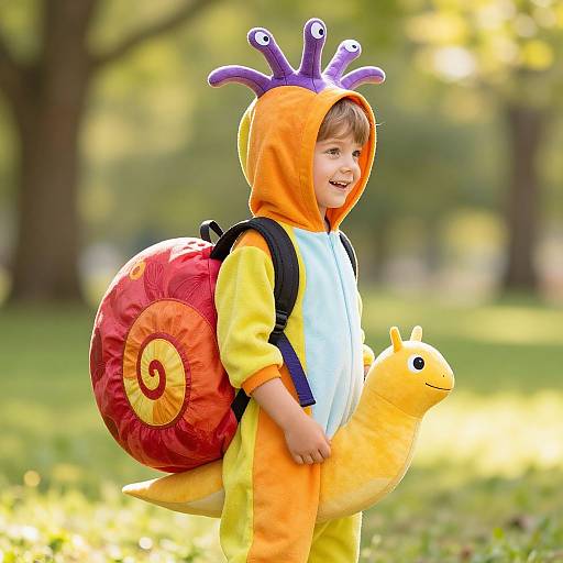 Photograph of a smiling toddler in a colorful dinosaur costume with an orange hood, purple spikes, red backpack, and yellow toy dinosaur, standing in a
