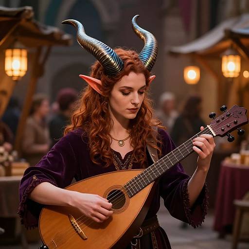 Photograph of a red-haired woman with curled horns, pointed ears, and wearing a dark purple dress, playing a lute in a medieval market with
