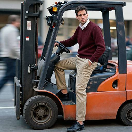 Stylish Man Amid Bustling Forklifts