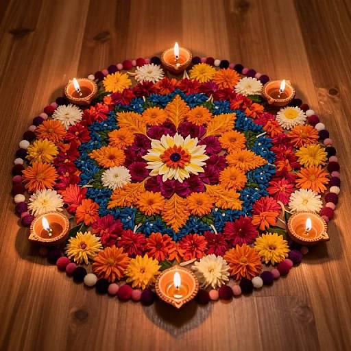Vibrant Floral Mandala with Diyas