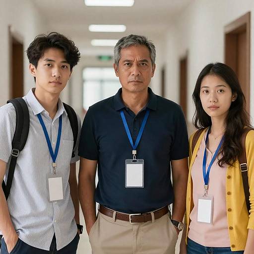 Three People with ID Badges in Hallway