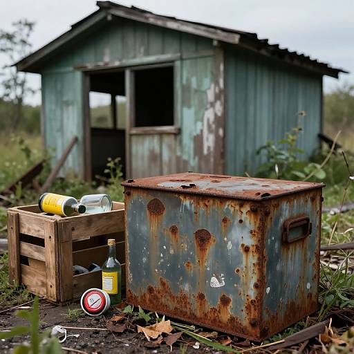 Photograph of a rusted, weathered metal box and wooden crate with bottles and a warning sign in front of a dilapidated, green,