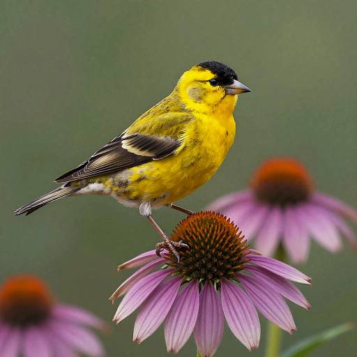 Vibrant Yellow Bird on Coneflowers