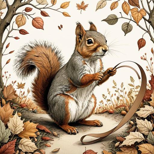 Whimsical Squirrel with Ribbon in Autumn Leaves