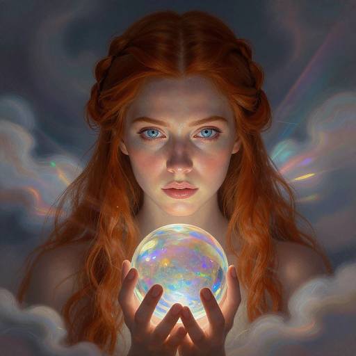 Digital painting of a red-haired woman with blue eyes, holding a glowing, iridescent orb against a cloudy, ethereal sky.