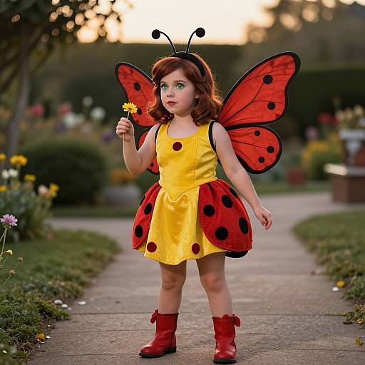 Photograph of a young girl with fair skin, red hair, green eyes, wearing a yellow dress with red butterfly wings and boots, holding a d