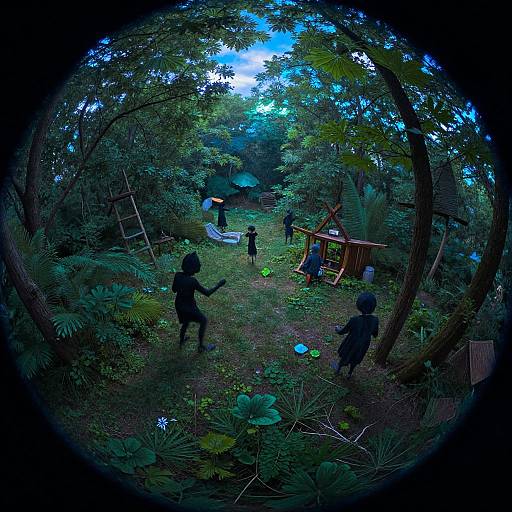 Fisheye lens photograph of a forest clearing with children playing, colorful toys scattered, lush greenery, and a wooden structure. Vibrant,