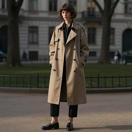 Female Model in Tailored Trench Coat and Loafers