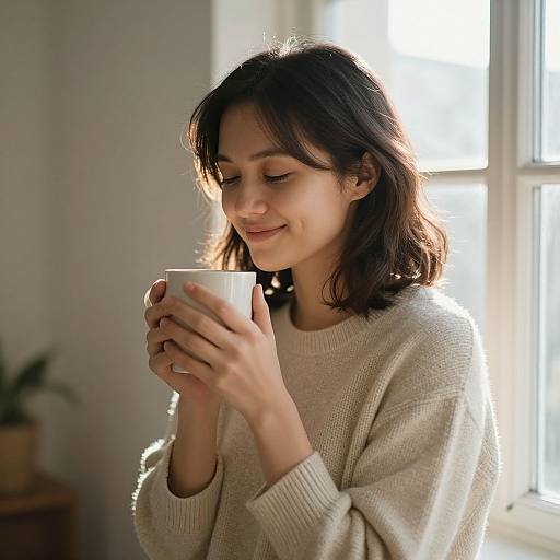 Photograph of a smiling woman with shoulder-length dark hair, wearing a beige sweater, holding a white mug, bathed in sunlight from a window.