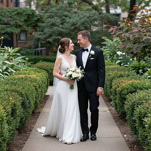 Photograph of smiling bride in white gown and groom in black tux, holding white bouquet, standing on garden path with trimmed hedges and trees in