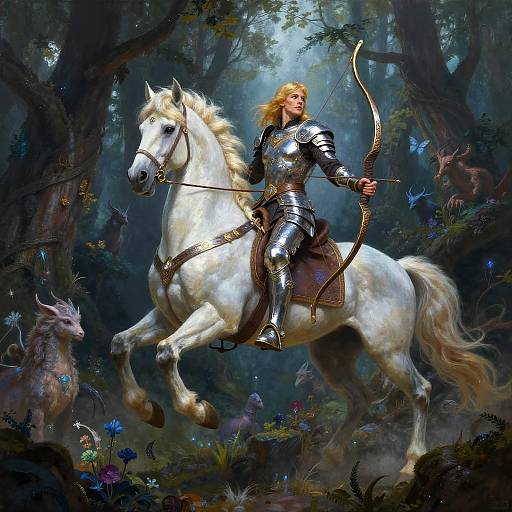 Digital fantasy artwork of a blonde, armored archer riding a white horse, shooting in a mystical forest with faeries and butterflies.
