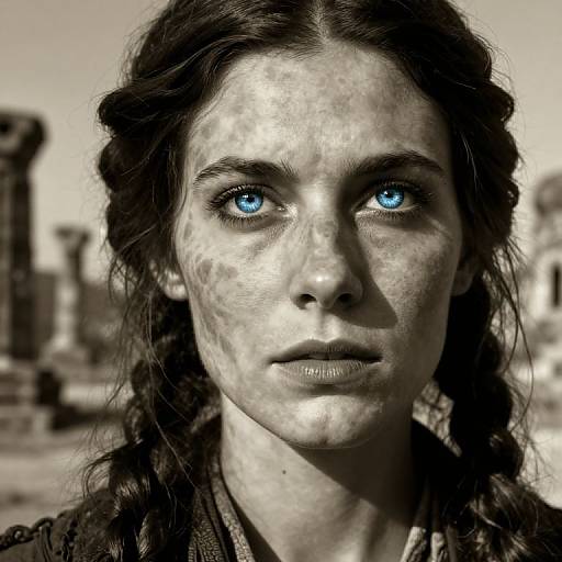 Close-up photograph of a woman with striking blue eyes, messy braided dark hair, and smudged, dusty face, looking intently into the