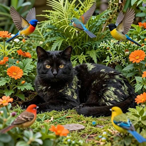 Photograph of a black cat with yellow eyes, surrounded by vibrant orange flowers and four colorful birds in mid-flight. Green foliage fills the background.