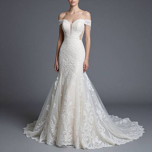 Photograph of a slender woman wearing an off-shoulder, white lace wedding gown with a fitted bodice and a long, flowing train, standing