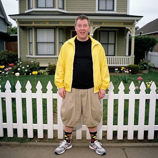 Photograph of a middle-aged man with short brown hair, wearing a yellow jacket, black shirt, beige shorts, colorful socks, and white sneakers,