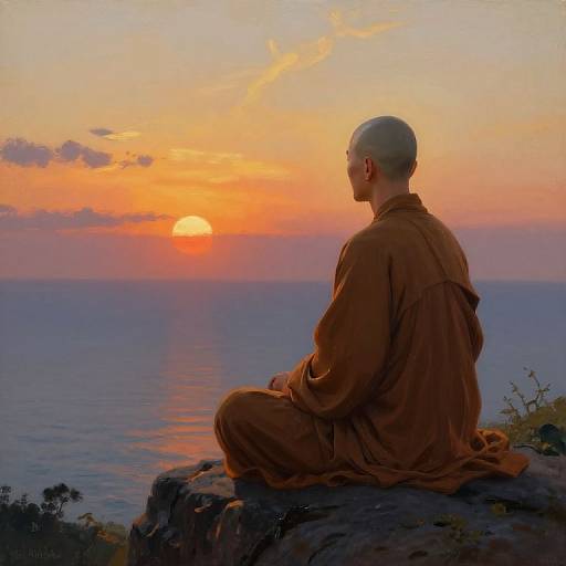 Photograph of a bald, bearded Buddhist monk in brown robes, sitting on a rocky cliff, gazing at a vibrant orange sunset over a calm