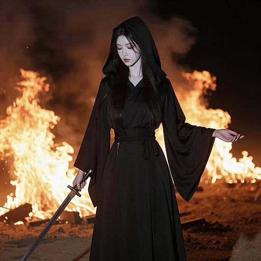 Mystical Warrior in Fiery Nightscape