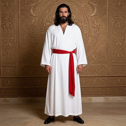 Photograph of a bearded man with long black hair, wearing a white robe with red sash, standing against an intricately carved brown wooden background