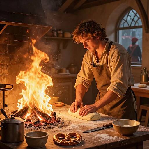 Photograph of a curly-haired man in a rustic kitchen, rolling dough by a roaring fire, wearing a beige apron and long sleeves. Warm,