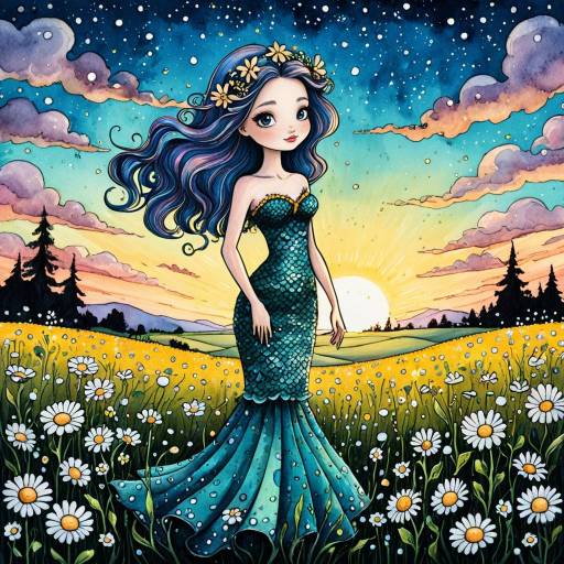 Cartoon Mermaid in Floral Field at Twilight