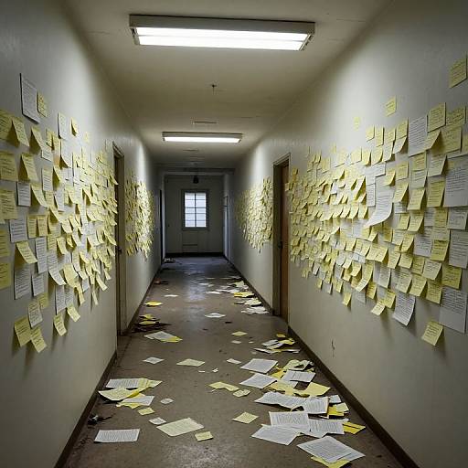Photograph of a dimly lit, narrow hallway with white walls covered in yellow sticky notes, scattered notes on the floor, and fluorescent lights overhead,