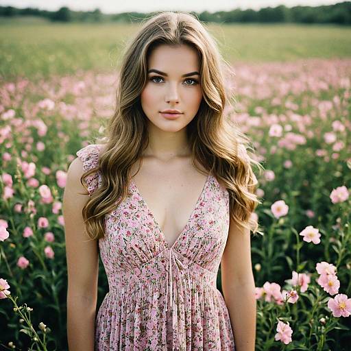 Young Woman in Pink Floral Dress in Flower Field
