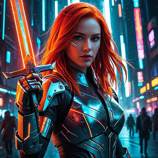 Futuristic Woman with Holographic Sword in Neon Cyberpunk City
