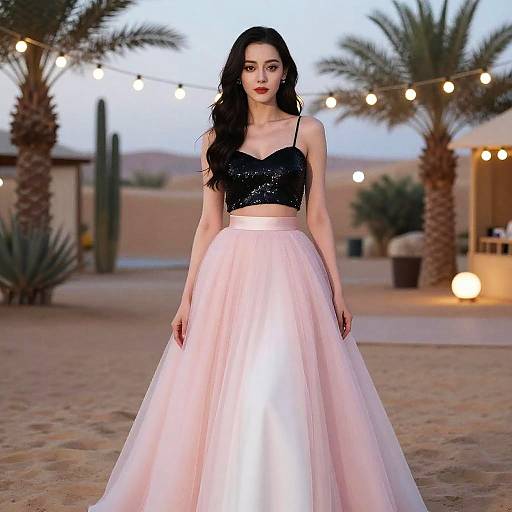 Elegant Woman in Sequin Crop Top and Ball Gown