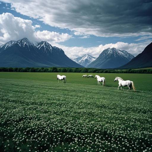 Majestic Clover Field with Grazing Horses