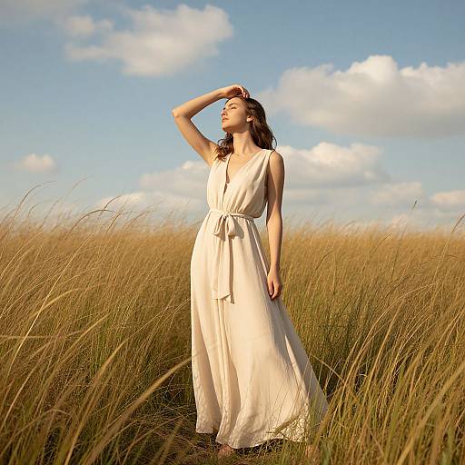Photograph of a woman in a white, sleeveless, flowing dress standing in a golden grass field under a bright blue sky with white clouds, her