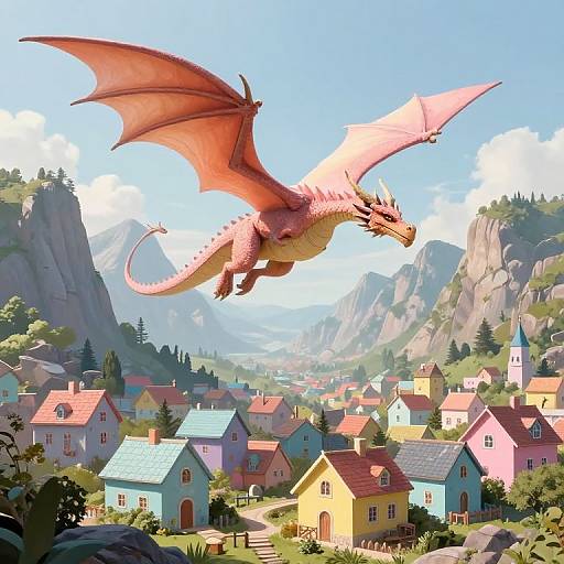 Digital illustration of a red dragon with outstretched wings soaring over a colorful, quaint village with pastel houses, mountains, and a church in the