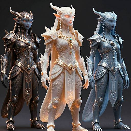 CGI image of three fantasy armored female characters with horns, glowing eyes, and intricate metallic armor in black, white, and blue tones.