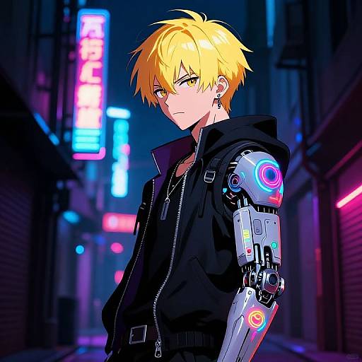 Digital anime-style drawing of a blonde, yellow-eyed boy with a cybernetic arm, wearing a black hoodie, standing in a neon-lit,