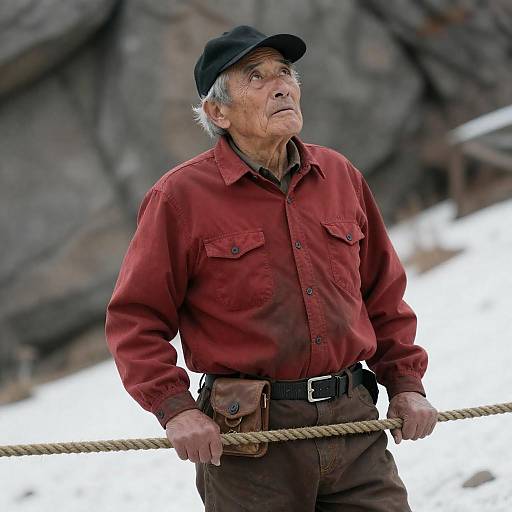 Elderly Man in Red Shirt by Rocks
