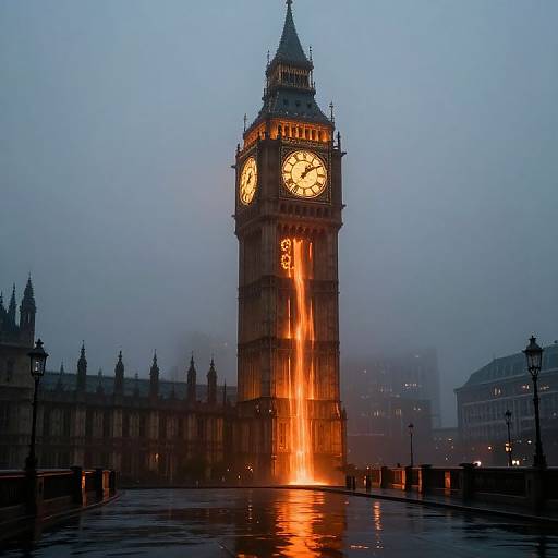 Photograph of London's Big Ben clock tower at dusk, illuminated with bright orange light, surrounded by fog, and reflected on a wet, rainy street