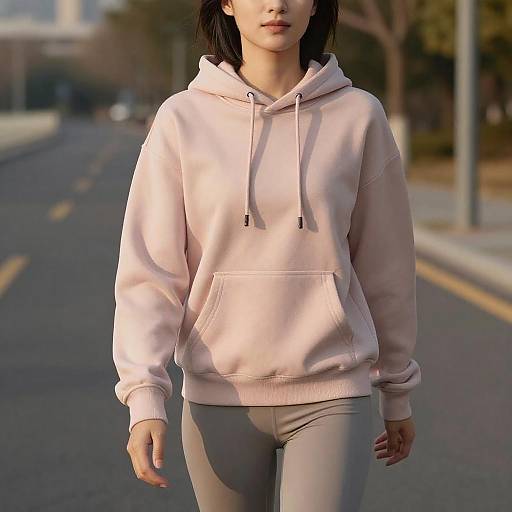 Photograph of a young woman with straight black hair, wearing a light pink hoodie and gray leggings, walking on a sunny urban street.