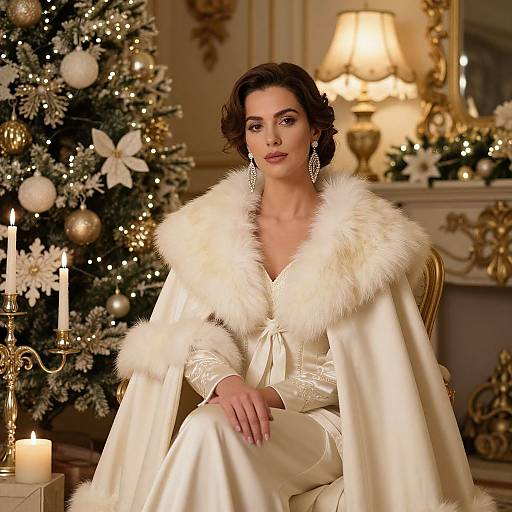 Photograph of a brunette woman with fair skin, wearing a white satin gown and fur-trimmed cape, sitting in a luxurious, Christmas-decor