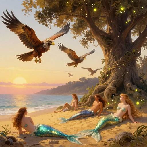 Digital fantasy painting of three mermaids with green and blue scales, sitting on a sandy beach at sunset, with two eagles flying overhead, and a