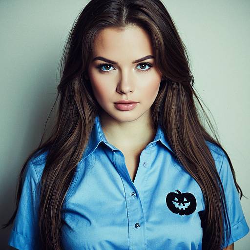 Young Woman in Blue Halloween Shirt