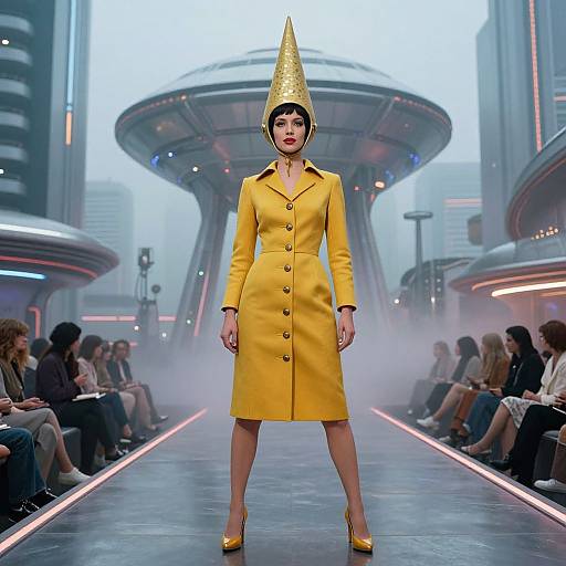 Fashion model in yellow coat, matching hat, and heels walks down futuristic runway, surrounded by seated audience, under misty, sci-fi cityscape.