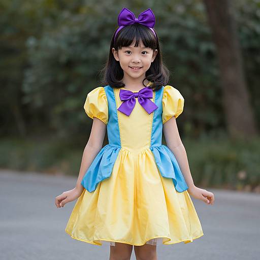 Photograph of a young Asian girl with straight black hair, wearing a yellow and blue Cinderella dress with purple bows, standing outdoors on a paved path